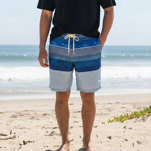 Zeroxposur Mens Medium Blue Gradient Striped Swim Shorts With Drawstring
